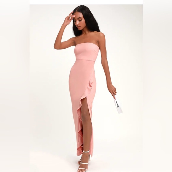 After Hours Blush Pink Strapless Ruffled Maxi Dress